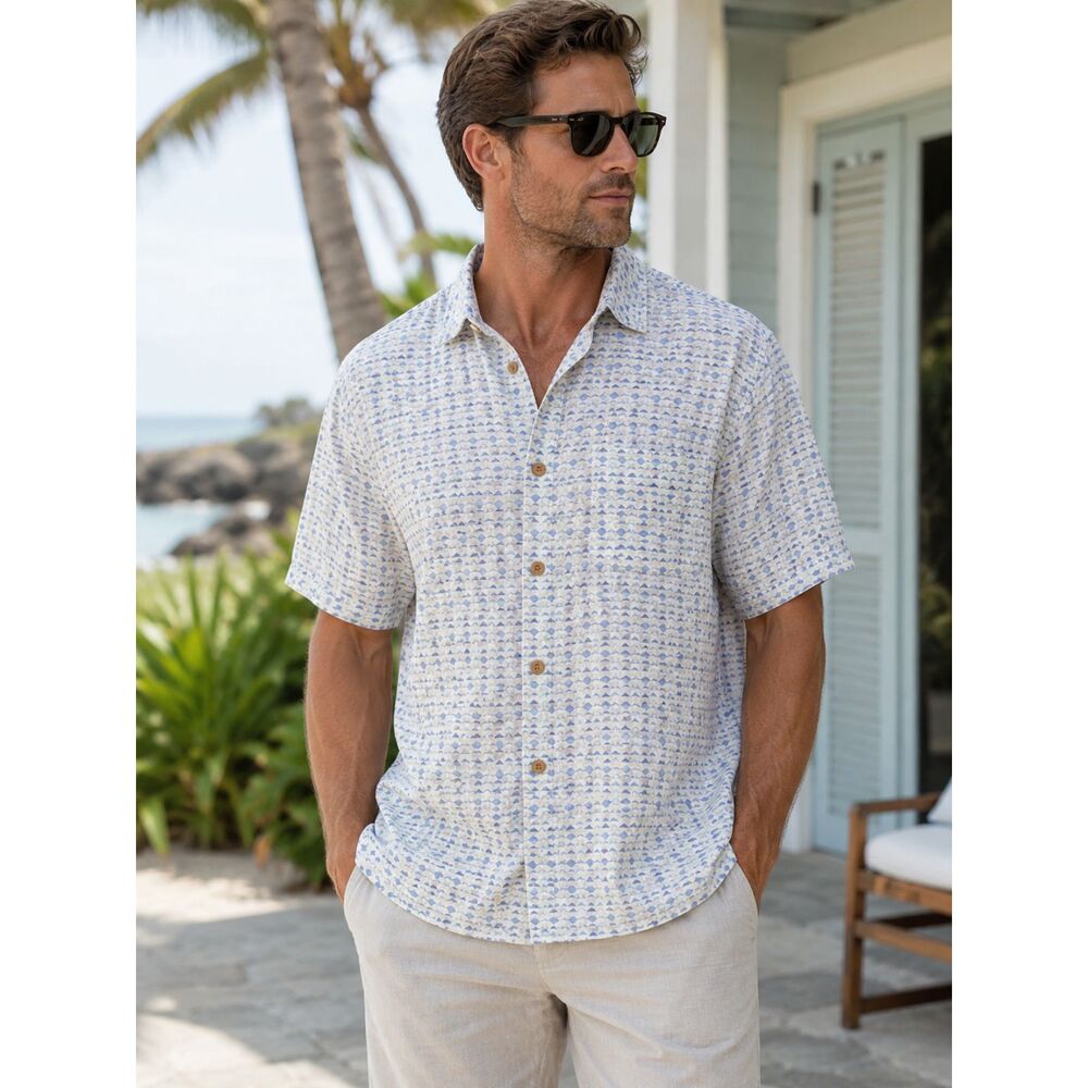 Tommy Bahama  XL Blue White Geometric 100% Silk Button-Up Shirt Coastal Vacation